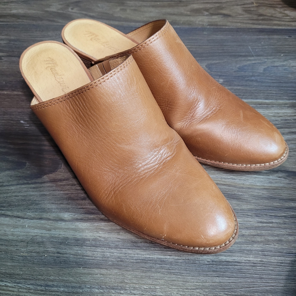 Madewell Harper Tan Leather Mules Size 8 Round Toe Slide On Chunky